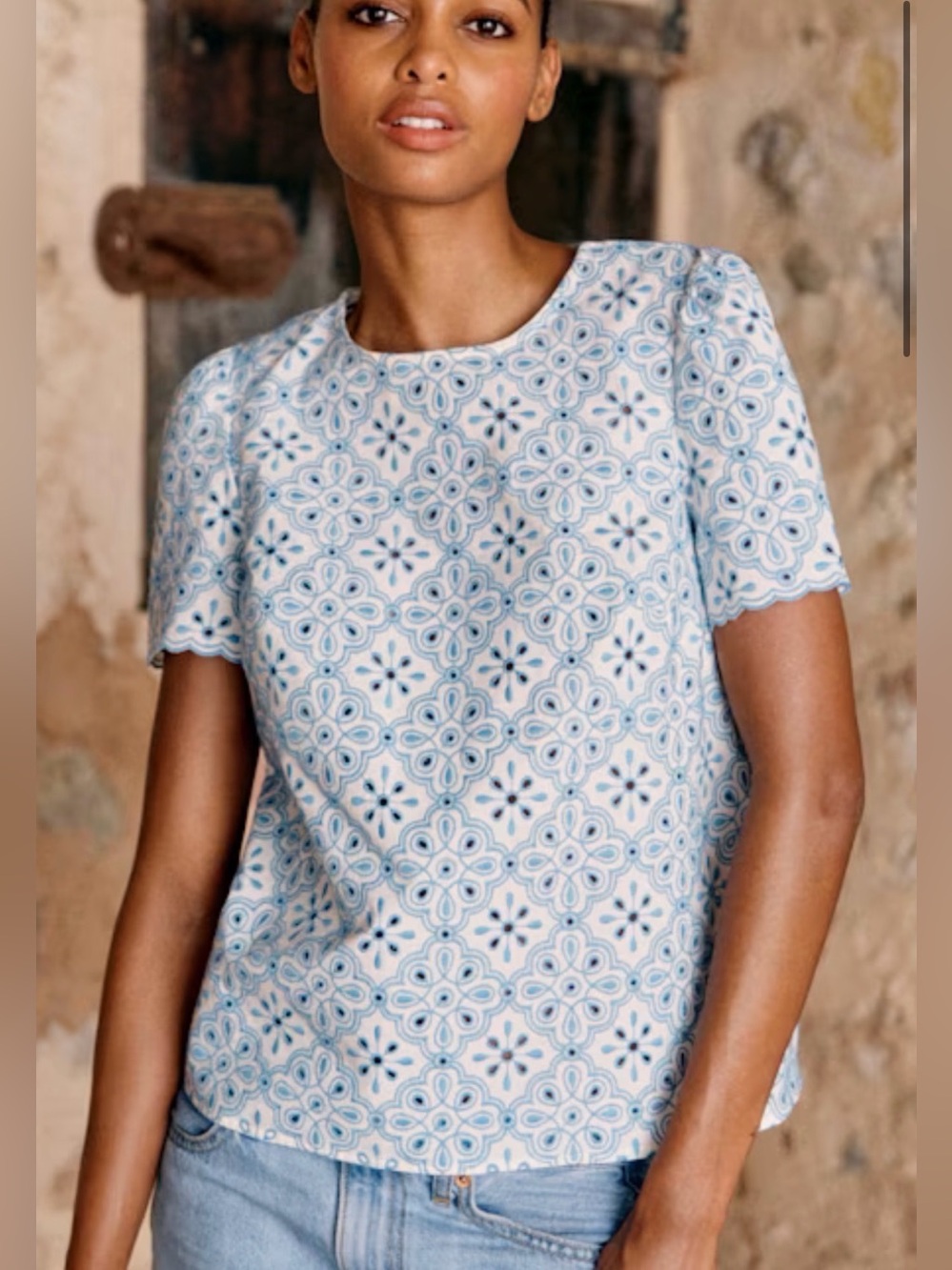 Sezane Size 36 (4/S) • Annabelle White Blue Eyelet Cotton Short Sleeve Blouse.